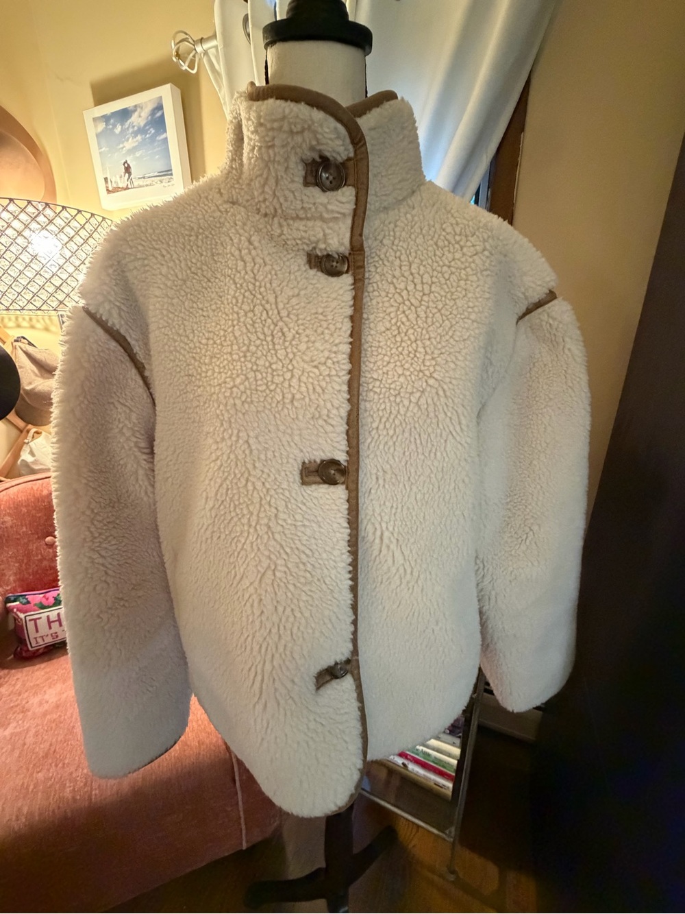 Old Navy Cream Sherpa Jacket with Faux Leather Brown Trim - Size L